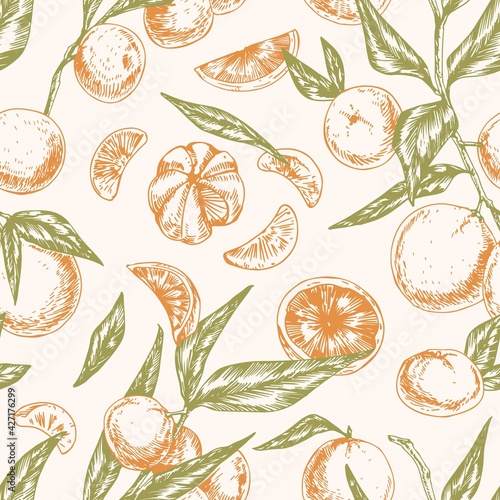 Seamless citrus pattern with whole mandarins, clementine slices, tangerine segments and leaves. Endless repeatable background in retro style. Colored hand-drawn vector illustration for printing