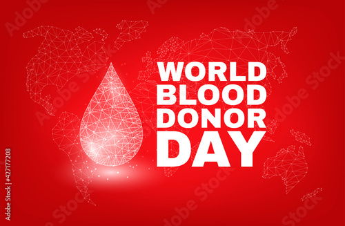 World blood donors day concept for 14 June. Banner with glowing low poly white blood drop on red background. Vector illustration.