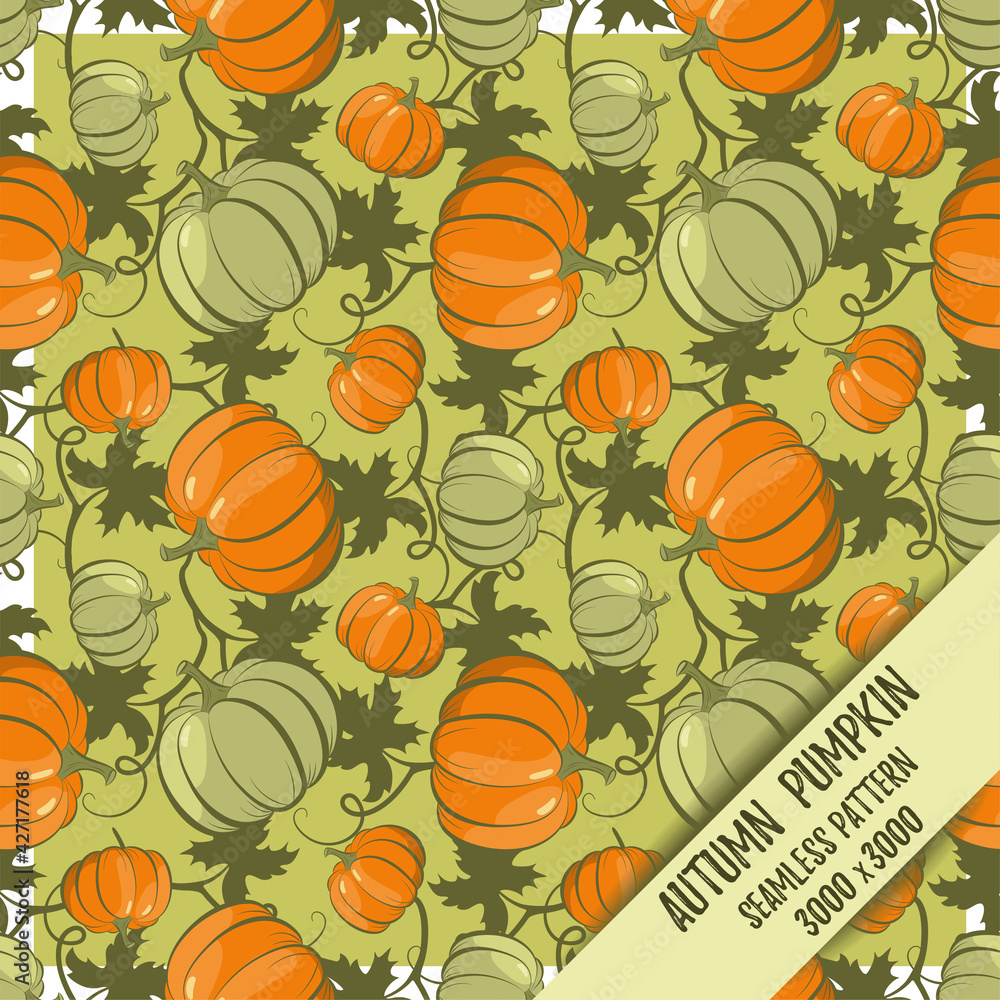 Ripe pumpkin. Autumn seamless pattern. Juicy and bright in grassy green and orange colors. For fabric, packaging, designer paper, and wallpaper.