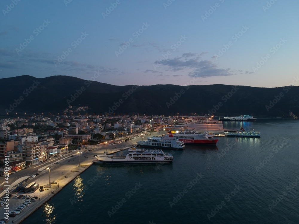 Aerial view igoumenitsa city greece port at the evening to travel in italy and to corfu island