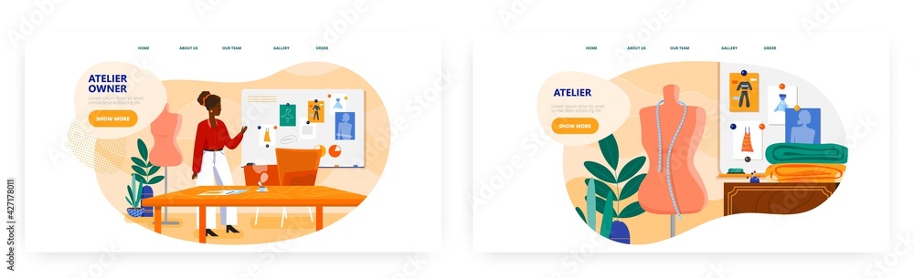 Atelier owner landing page design, website banner vector template set. Sewing business. Fashion designer studio workshop Atelier owner landing page design, website banner vector template set. Sewing business. Fashion designer studio workshop