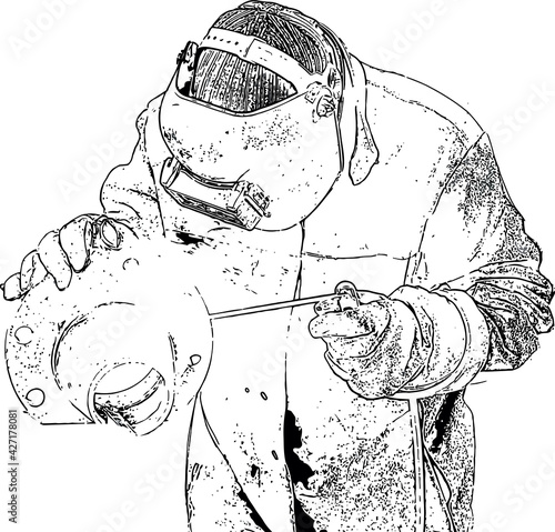 Black and white drawing of a welder at work