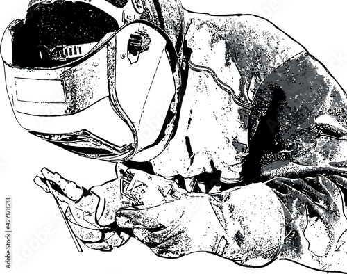 Black and white drawing of a welder at work
