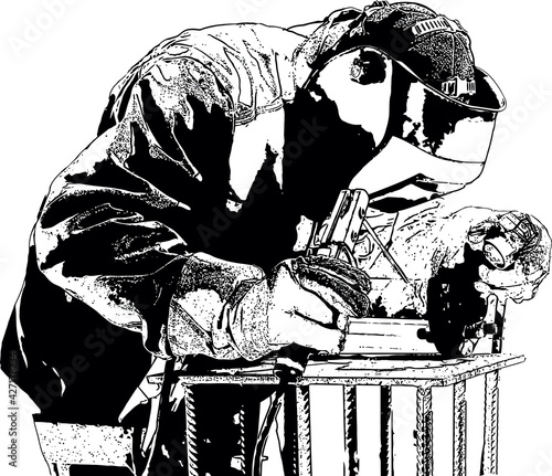 Black and white drawing of a welder at work