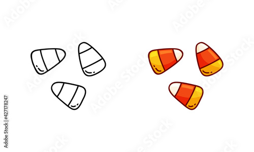 Candy corn doodle icon. Linear and color version. Hand drawn simple illustration of traditional Halloween treat. Contour isolated vector pictogram on white background