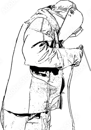 Black and white drawing of a welder at work