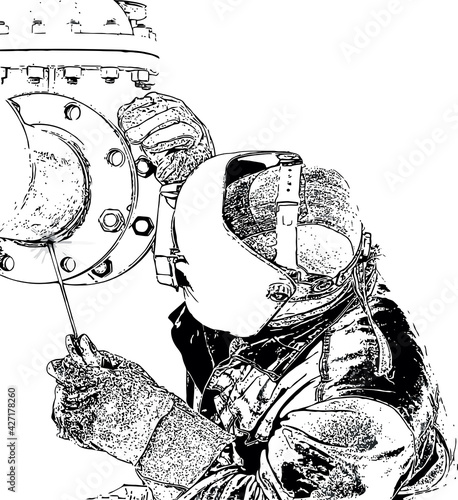 Black and white drawing of a welder at work