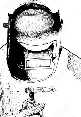 Black and white drawing of a welder at work