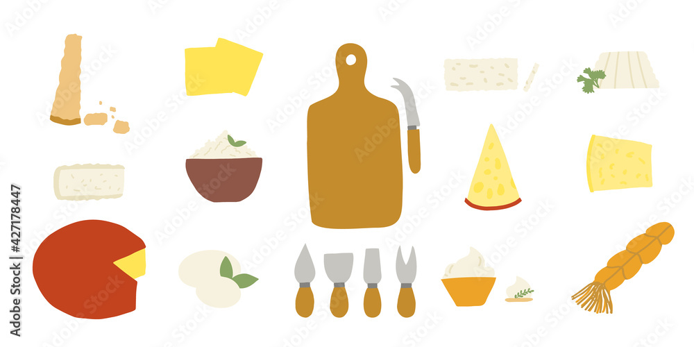 Hand drawn style vector illustration set of various cheeses and wooden cheese board with knives and fork. Isolated on white background.