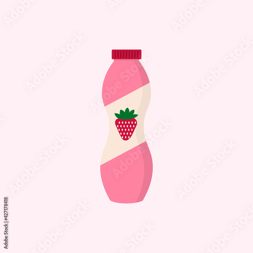 Flat vector illustration of drinkable strawberry yogurt in plastic pink bottle with red cap.