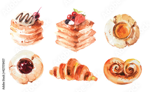 Set of  6 watercolor pastry desserts