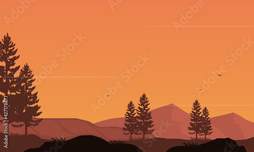 Amazing views of the mountains at dusk with the silhouettes of pine trees from the suburbs. Vector illustration