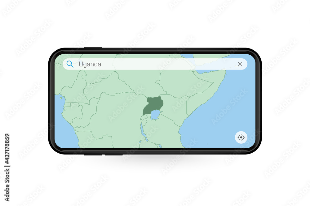 Searching map of Uganda in Smartphone map application. Map of Uganda in Cell Phone. Searching map of Uganda in Smartphone map application. Map of Uganda in Cell Phone.