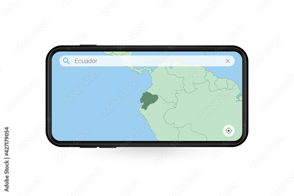 Searching map of Ecuador in Smartphone map application. Map of Ecuador in Cell Phone. Searching map of Ecuador in Smartphone map application. Map of Ecuador in Cell Phone.