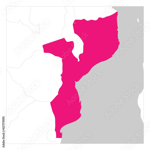 Map of Mozambique pink highlighted with neighbor countries