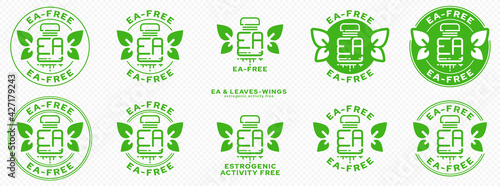 Concept for plastic products. Labeling - no estrogenic activity. A plastic EA bottle with leaves-wings and a flowing line - a symbol of freedom from estrogenic activity. Vector grouped elements.