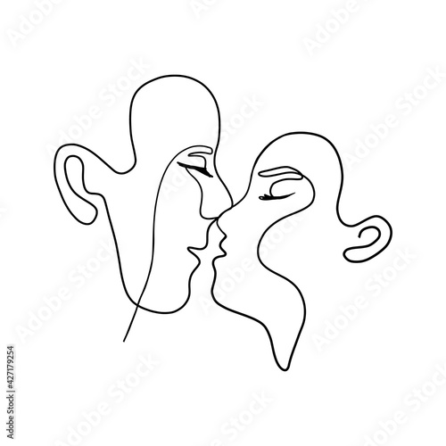 Love couple line art. Minimalist man and woman face silhouette, continuous linear kiss drawing. Vector abstract illustration
