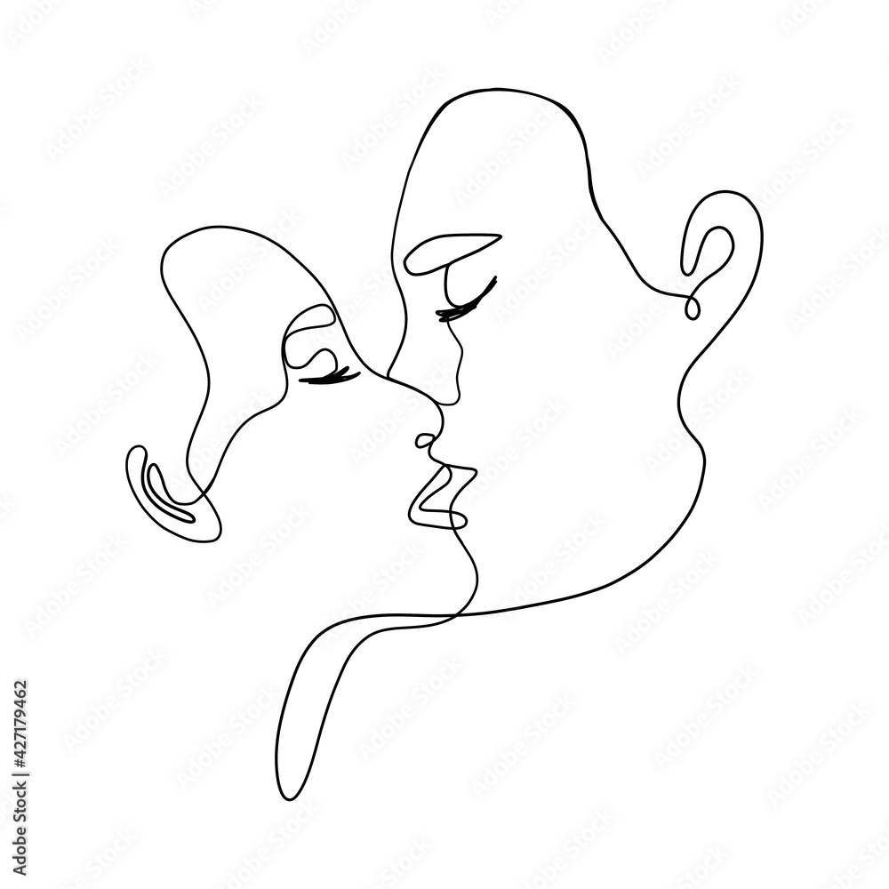 Love couple line art. Minimalist man and woman faces, continuous linear ...