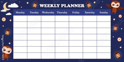 Cute childish weekly planer template with owl character in different poses on dark background with moon and stars