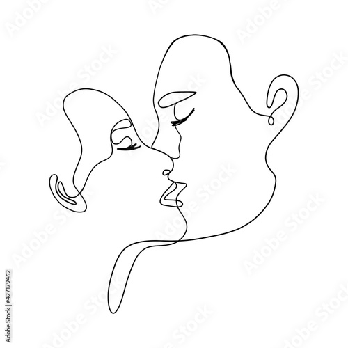 Love couple line art. Minimalist man and woman faces, continuous linear kiss drawing, minimal fine line tattoo. Vector abstract illustration