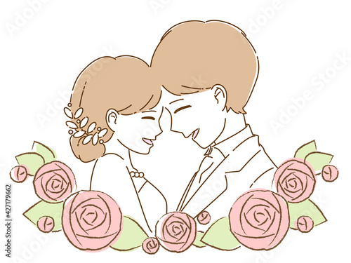 おでこをくっつけてほほ笑む新郎新婦　フレーム付き
