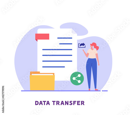 Woman send files for business. Concept of sharing file, data transfer, transfer of documentation, cloud service, file management, electronic document management. Vector illustration in flat design