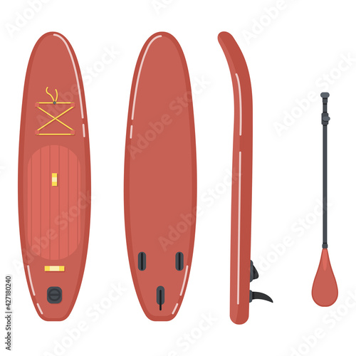 SUP Board - Vector Flat llustrations Set. Different View and Paddle.