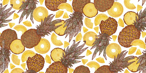 Hand drawn color sketch of pineapple seamless pattern, slices, line art, vector illustration. Tropical Exotic fruits. Detailed food drawing for print, menu, market, label, poster, wrapping paper.