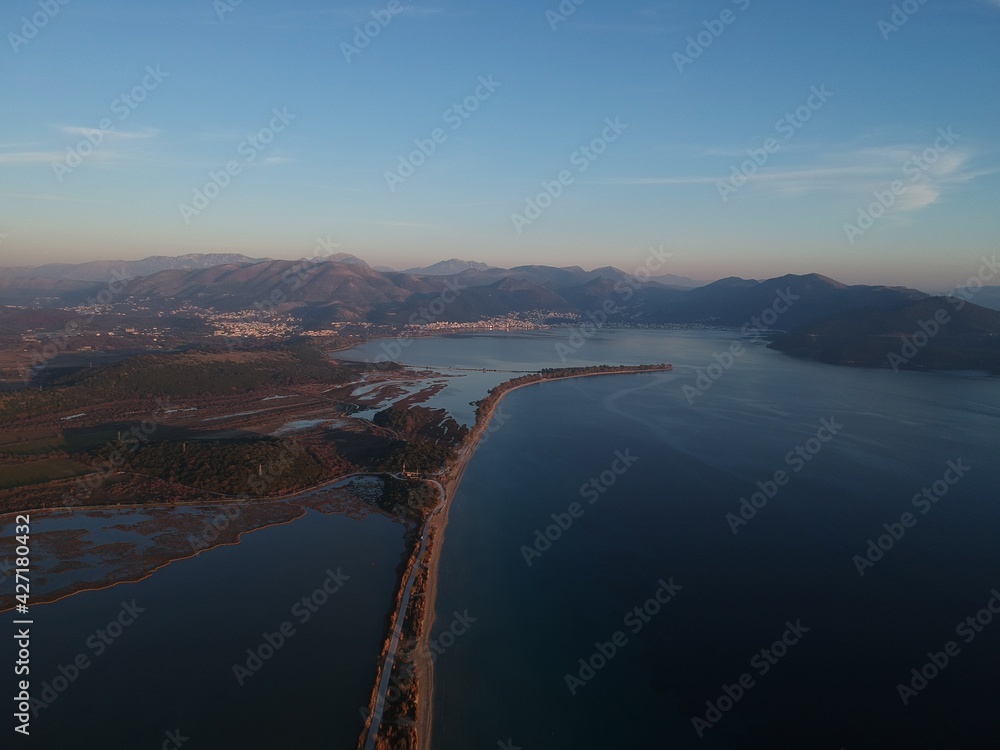 aerial view of famous beaches drepanos and makrigiali, road and lakeside area, igoumenitsa city thesprotia, greece, pirus