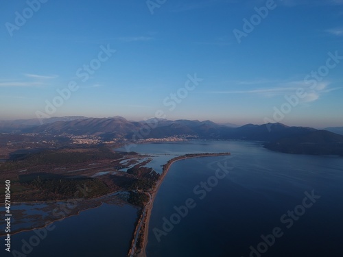 aerial view of famous beaches drepanos and makrigiali, road and lakeside area, igoumenitsa city thesprotia, greece, pirus photo