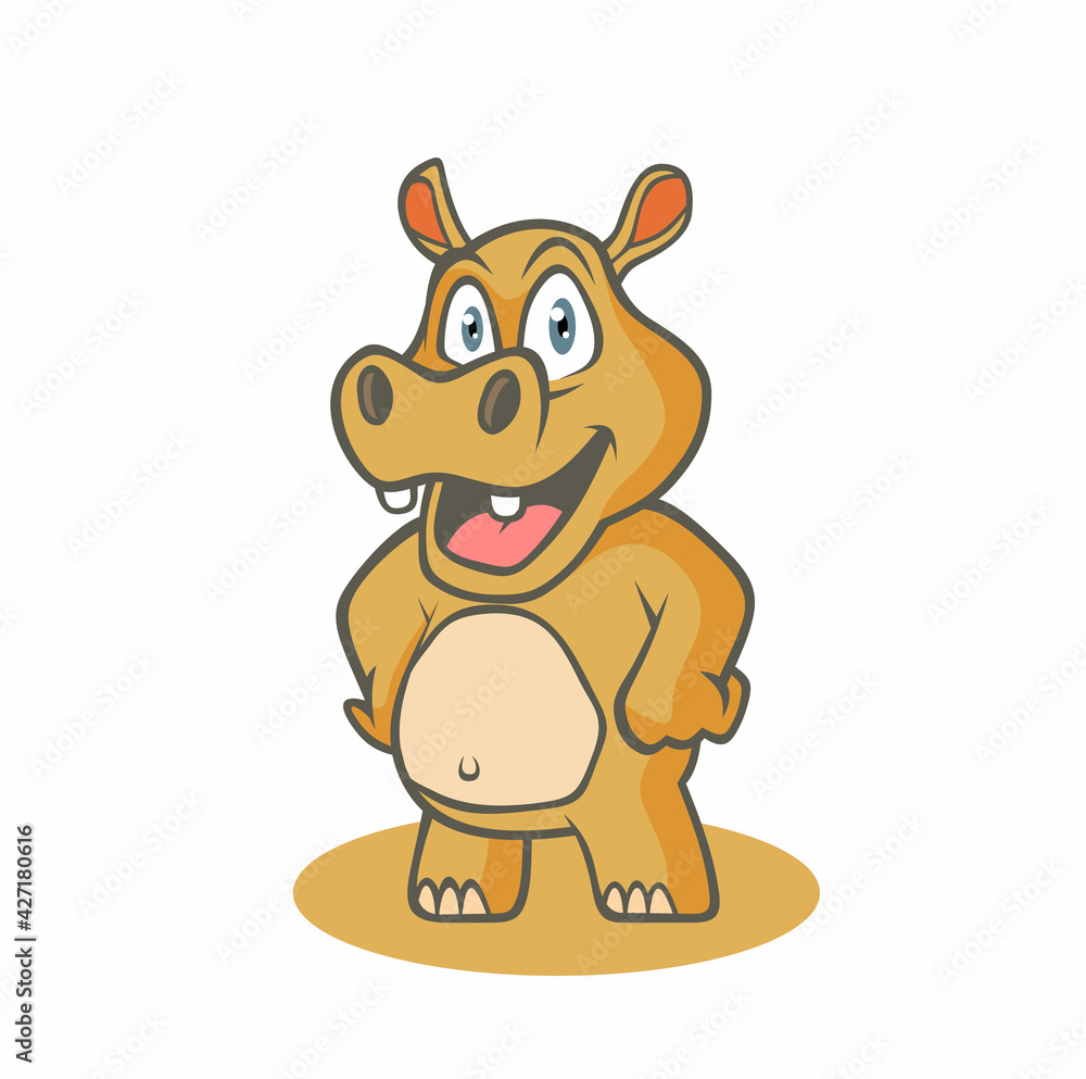 Cartoon funny hippo with hand on hip.