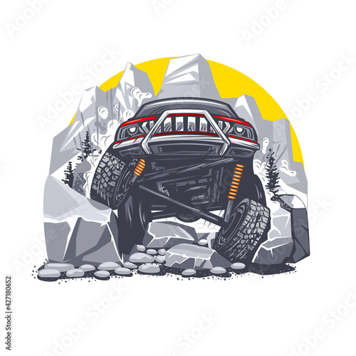 Illustration of an off-road red car overcoming difficult obstacles in the mountains. Can be used for printing on T-shirts.