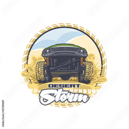 Illustration of an off-road vehicle overcoming difficult obstacles in the desert. Can be used for printing on T-shirts.