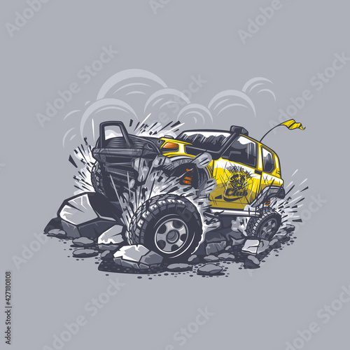 Off-road car on a gray background fights with obstacles from stones in the mountains. Can be printed on T-shirts.