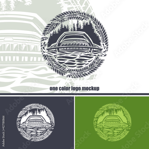 Round logo with an SUV on a forest background and wheel prints. Monochrome layout.