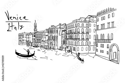 Vector sketch of scene in Venice with channel, gondola and architecture.