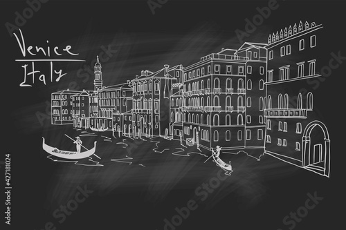 Vector sketch of scene in Venice with channel, gondola and architecture.