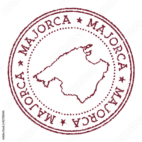 Majorca round rubber stamp with island map. Vintage red passport stamp with circular text and stars, vector illustration.