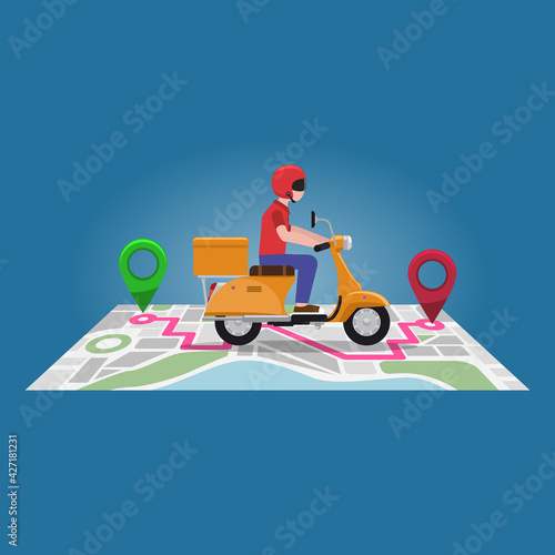 Fast and free delivery by scooter on navigation map with pin points. Catoon style flat and solid color vector illustration.