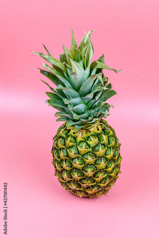 Whole ripe pineapple on the pink background Whole ripe pineapple on the pink background