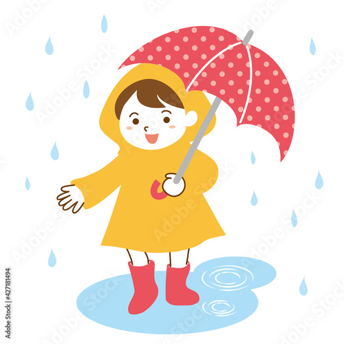 雨の中レインコートを着て傘をさす女の子のイラスト/白背景