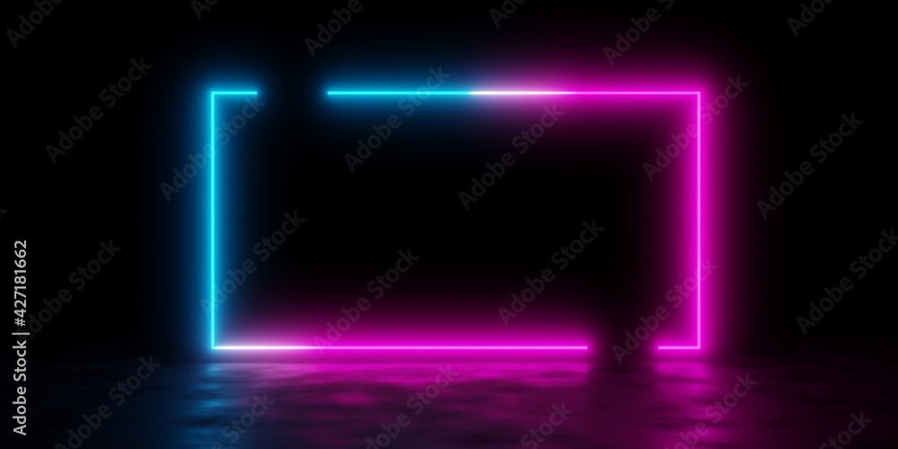 Modern futuristic abstract blue, red and pink neon glowing light open frame design in dark room background
