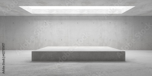 Empty modern abstract concrete room with elevated cubical platform in the center and opening in the ceiling, product presentation template background