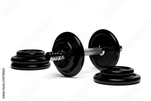 Fototapeta Naklejka Na Ścianę i Meble -  Fitness gym dumbbell on floor with chrome handle and black plates stacks over white background, muscle exercise, bodybuilding or fitness concept