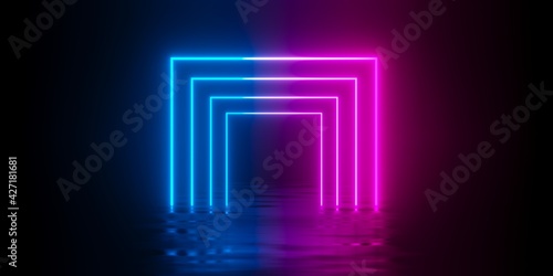 Fototapeta Naklejka Na Ścianę i Meble -  Modern futuristic abstract blue, red and pink neon glowing light squares tunnel or portal frame design in dark room background with reflective floor