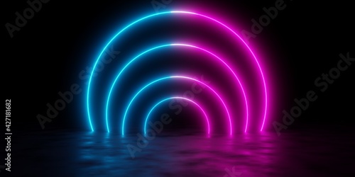 Fototapeta Naklejka Na Ścianę i Meble -  Modern futuristic abstract blue, red and pink neon glowing light circles tunnel or portal frame design in dark room background with reflective floor