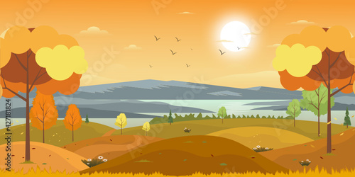  A scenic view in an autumn background  well-defined flat illustration   