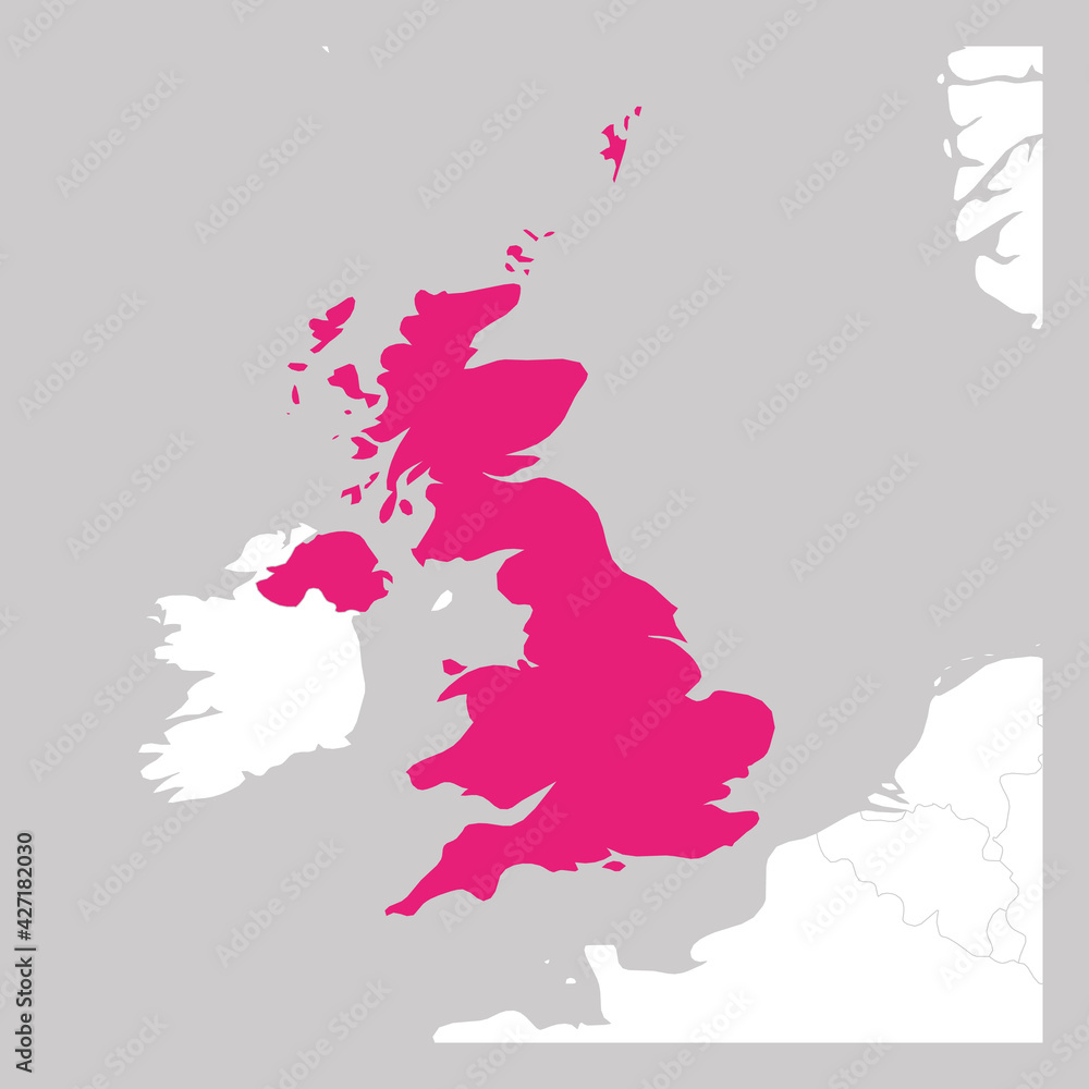 Map of United Kingdom of Great Britain and Northern Ireland pink highlighted with neighbor countries