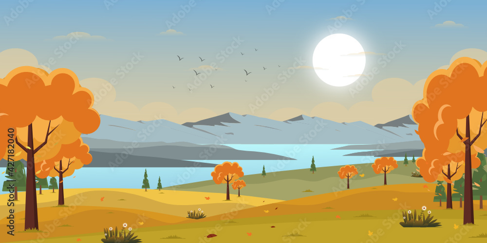 
A scenic view in an autumn background, well-defined flat illustration 


