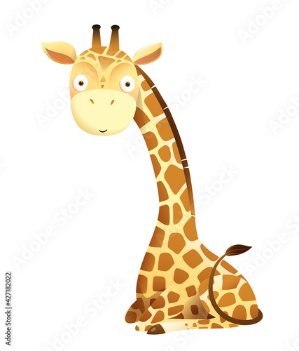 Baby giraffe cute animal sitting vector design for stickers, baby shower or nursery art. Adorable giraffe for kids isolated vector clipart.